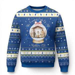 Nativity Scene Christmas Hanukkah Ugly Sweater The Greatest Gift of All Christian Coquette Bow Matthew 1:21 TS10 Blue White Print Your Wear