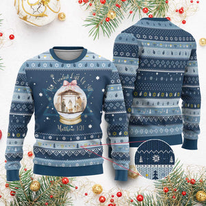 Nativity Scene Christmas Hanukkah Ugly Sweater The Greatest Gift of All Christian Coquette Bow Matthew 1:21 TS10 Navy Light Blue Print Your Wear