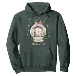 Nativity Scene Christmas Hoodie The Greatest Gift of All Christian Coquette Bow Matthew 1:21 TS10 Dark Forest Green Print Your Wear