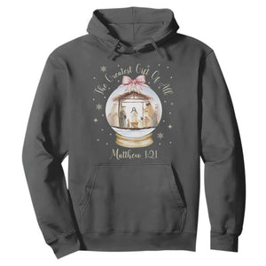 Nativity Scene Christmas Hoodie The Greatest Gift of All Christian Coquette Bow Matthew 1:21 TS10 Dark Heather Print Your Wear