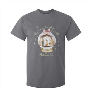 Nativity Scene Christmas T Shirt For Kid The Greatest Gift of All Christian Coquette Bow Matthew 1:21 TS10 Charcoal Print Your Wear