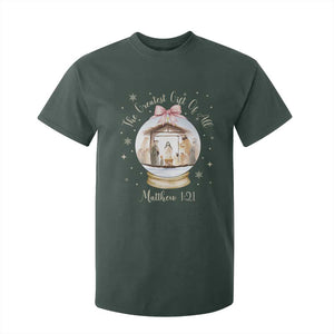 Nativity Scene Christmas T Shirt For Kid The Greatest Gift of All Christian Coquette Bow Matthew 1:21 TS10 Dark Forest Green Print Your Wear