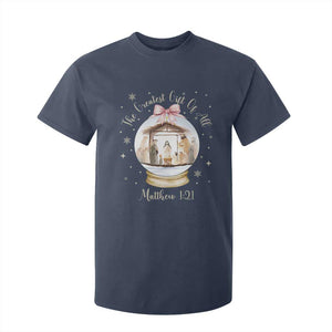 Nativity Scene Christmas T Shirt For Kid The Greatest Gift of All Christian Coquette Bow Matthew 1:21 TS10 Navy Print Your Wear