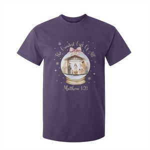 Nativity Scene Christmas T Shirt For Kid The Greatest Gift of All Christian Coquette Bow Matthew 1:21 TS10 Purple Print Your Wear