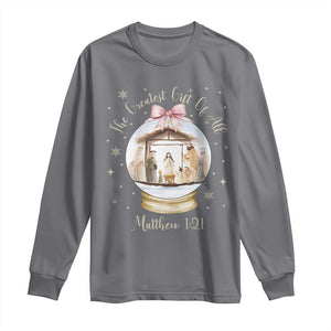 Nativity Scene Christmas Long Sleeve Shirt The Greatest Gift of All Christian Coquette Bow Matthew 1:21 TS10 Charcoal Print Your Wear