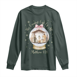 Nativity Scene Christmas Long Sleeve Shirt The Greatest Gift of All Christian Coquette Bow Matthew 1:21 TS10 Dark Forest Green Print Your Wear
