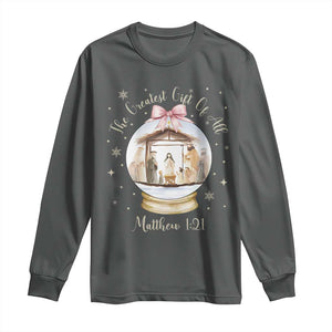 Nativity Scene Christmas Long Sleeve Shirt The Greatest Gift of All Christian Coquette Bow Matthew 1:21 TS10 Dark Heather Print Your Wear