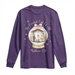 Nativity Scene Christmas Long Sleeve Shirt The Greatest Gift of All Christian Coquette Bow Matthew 1:21 TS10 Purple Print Your Wear