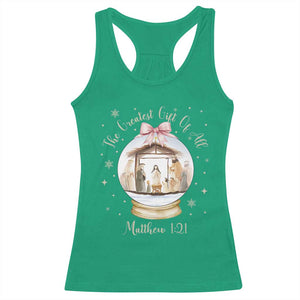 Nativity Scene Christmas Racerback Tank Top The Greatest Gift of All Christian Coquette Bow Matthew 1:21 TS10 Irish Green Print Your Wear