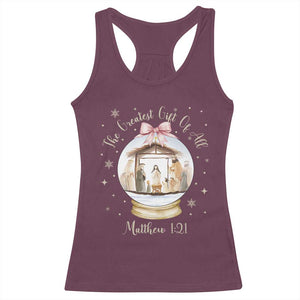 Nativity Scene Christmas Racerback Tank Top The Greatest Gift of All Christian Coquette Bow Matthew 1:21 TS10 Maroon Print Your Wear