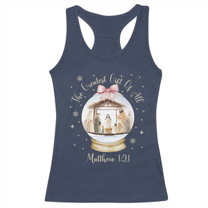Nativity Scene Christmas Racerback Tank Top The Greatest Gift of All Christian Coquette Bow Matthew 1:21 TS10 Navy Print Your Wear