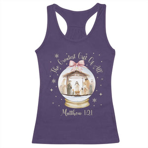 Nativity Scene Christmas Racerback Tank Top The Greatest Gift of All Christian Coquette Bow Matthew 1:21 TS10 Purple Print Your Wear