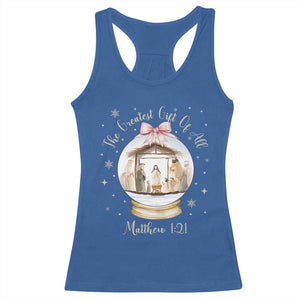 Nativity Scene Christmas Racerback Tank Top The Greatest Gift of All Christian Coquette Bow Matthew 1:21 TS10 Royal Blue Print Your Wear