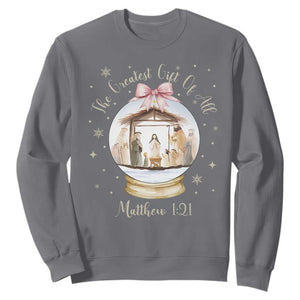Nativity Scene Christmas Sweatshirt The Greatest Gift of All Christian Coquette Bow Matthew 1:21 TS10 Charcoal Print Your Wear
