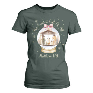 Nativity Scene Christmas T Shirt For Women The Greatest Gift of All Christian Coquette Bow Matthew 1:21 TS10 Dark Forest Green Print Your Wear