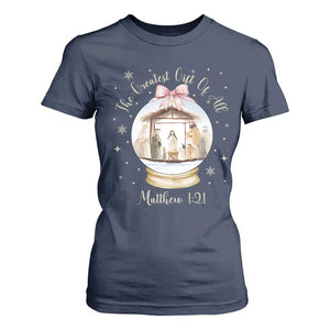 Nativity Scene Christmas T Shirt For Women The Greatest Gift of All Christian Coquette Bow Matthew 1:21 TS10 Navy Print Your Wear