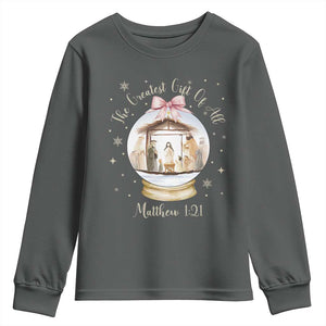 Nativity Scene Christmas Youth Sweatshirt The Greatest Gift of All Christian Coquette Bow Matthew 1:21 TS10 Dark Heather Print Your Wear