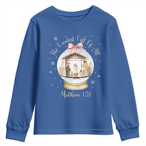 Nativity Scene Christmas Youth Sweatshirt The Greatest Gift of All Christian Coquette Bow Matthew 1:21 TS10 Royal Blue Print Your Wear