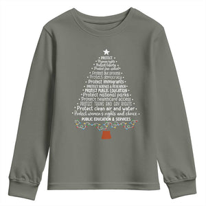 Protect Democracy Christmas Tree Youth Sweatshirt Anti Fascism Social Justice TS10 Military Green Print Your Wear