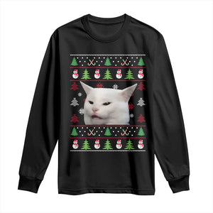 Woman Yelling At A Cat Ugly Christmas Long Sleeve Shirt Funny Cat Meme Matching Couple Christmas Pajama TS10 Black Print Your Wear