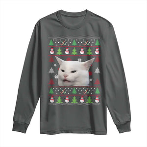Woman Yelling At A Cat Ugly Christmas Long Sleeve Shirt Funny Cat Meme Matching Couple Christmas Pajama TS10 Dark Heather Print Your Wear