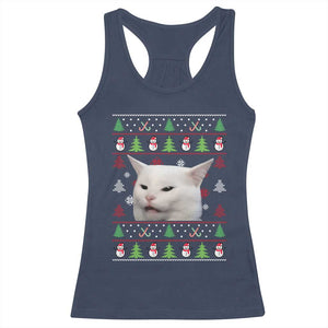 Woman Yelling At A Cat Ugly Christmas Racerback Tank Top Funny Cat Meme Matching Couple Christmas Pajama TS10 Navy Print Your Wear