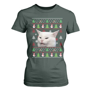 Woman Yelling At A Cat Ugly Christmas T Shirt For Women Funny Cat Meme Matching Couple Christmas Pajama TS10 Dark Forest Green Print Your Wear