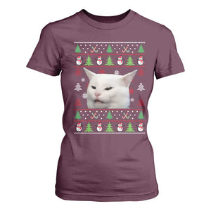 Woman Yelling At A Cat Ugly Christmas T Shirt For Women Funny Cat Meme Matching Couple Christmas Pajama TS10 Maroon Print Your Wear