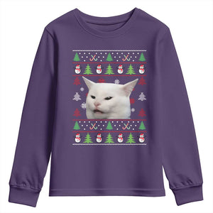 Woman Yelling At A Cat Ugly Christmas Youth Sweatshirt Funny Cat Meme Matching Couple Christmas Pajama TS10 Purple Print Your Wear
