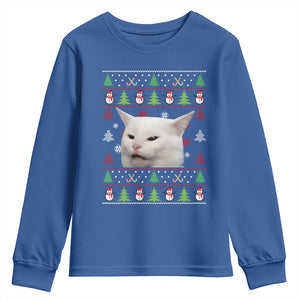 Woman Yelling At A Cat Ugly Christmas Youth Sweatshirt Funny Cat Meme Matching Couple Christmas Pajama TS10 Royal Blue Print Your Wear