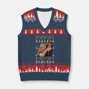 Woman Yelling At A Cat Ugly Xmas V-Neck Knit Sweater Vest Funny Meme Matching Couple Xmas Pajama TS10 Navy Red Print Your Wear
