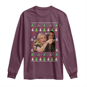 Woman Yelling At A Cat Ugly Christmas Long Sleeve Shirt Funny Meme Matching Couple Christmas Pajama TS10 Maroon Print Your Wear