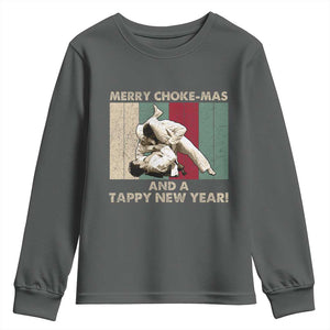 Jiu Jitsu Christmas Youth Sweatshirt Retro Merry Choke Mas Tappy New Year Martial Arts BJJ Lover TS10 Dark Heather Print Your Wear