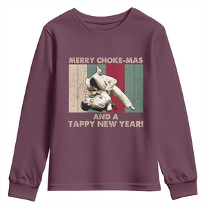 Jiu Jitsu Christmas Youth Sweatshirt Retro Merry Choke Mas Tappy New Year Martial Arts BJJ Lover TS10 Maroon Print Your Wear