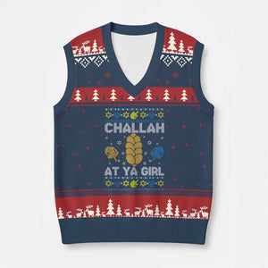 Funny Ugly Hanukkah V-Neck Knit Sweater Vest Challah At Ya Girl Matching TS10 Navy Red Print Your Wear