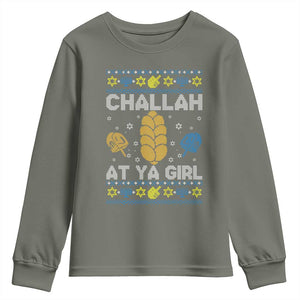 Funny Ugly Hanukkah Youth Sweatshirt Challah At Ya Girl Matching TS10 Military Green Print Your Wear