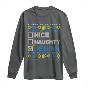 Nice Naughty Jewish Ugly Hanukkah Long Sleeve Shirt Chanukah Jew Gift TS10 Dark Heather Print Your Wear