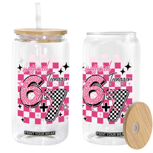Funny 13th Birthday Official Teenager Glass Can 6+7 13 Year Old Kids Girls Pink Checkered 67 Meme TS10 Print Your Wear