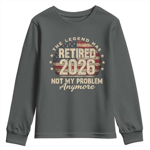 The Legend Has Retired 2026 Youth Sweatshirt Funny Retirement USA Flag TS10 Dark Heather Print Your Wear