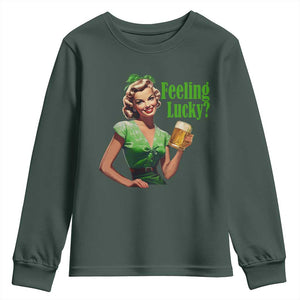 St. Patricks Day Youth Sweatshirt Feeling Lucky Trendy Retro TS10 Dark Forest Green Print Your Wear