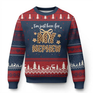 Im Just Here For My Nephew Ugly Christmas Sweater Gift For Aunt From Nephew Leopard TS10 Navy Red Print Your Wear