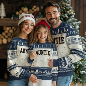 Auntie Ugly Christmas Sweater Retro Varsity New Aunt Letter Print TS10 Beige Navy Print Your Wear