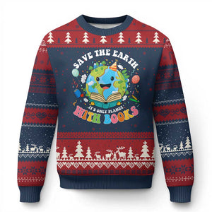 Earth Day Ugly Christmas Sweater Save Earth Its Only Planet With Books Reader TS10 Navy Red Print Your Wear
