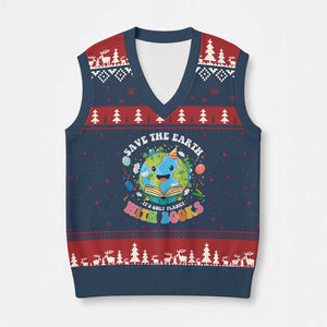 Earth Day V-Neck Knit Sweater Vest Save Earth Its Only Planet With Books Reader TS10 Navy Red Print Your Wear