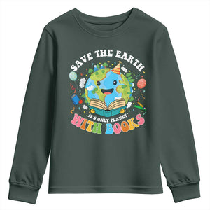 Earth Day Youth Sweatshirt Save Earth Its Only Planet With Books Reader TS10 Dark Forest Green Print Your Wear