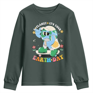 Earth Day Youth Sweatshirt Cute Go Planet Its Your Earthday Groovy TS10 Dark Forest Green Print Your Wear