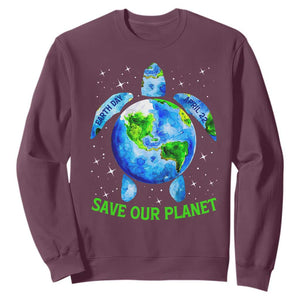 Earth Day 2025 Sweatshirt Save The Planet Sea Turtle Recycle Ocean Environment TS10 Maroon Print Your Wear