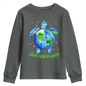 Earth Day 2025 Youth Sweatshirt Save The Planet Sea Turtle Recycle Ocean Environment TS10 Dark Heather Print Your Wear