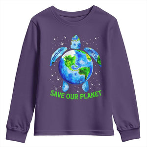Earth Day 2025 Youth Sweatshirt Save The Planet Sea Turtle Recycle Ocean Environment TS10 Purple Print Your Wear
