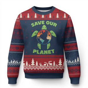 Retro Earth Day Ugly Christmas Sweater Save Our Planet Sea Turtle Recycle Ocean Environment TS10 Navy Red Print Your Wear